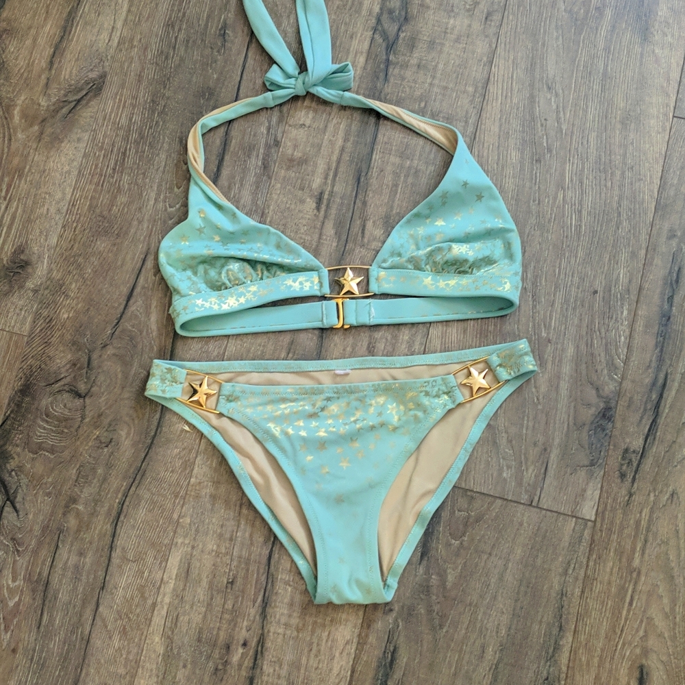 Victoria's secret seafoam green and gold star bikini